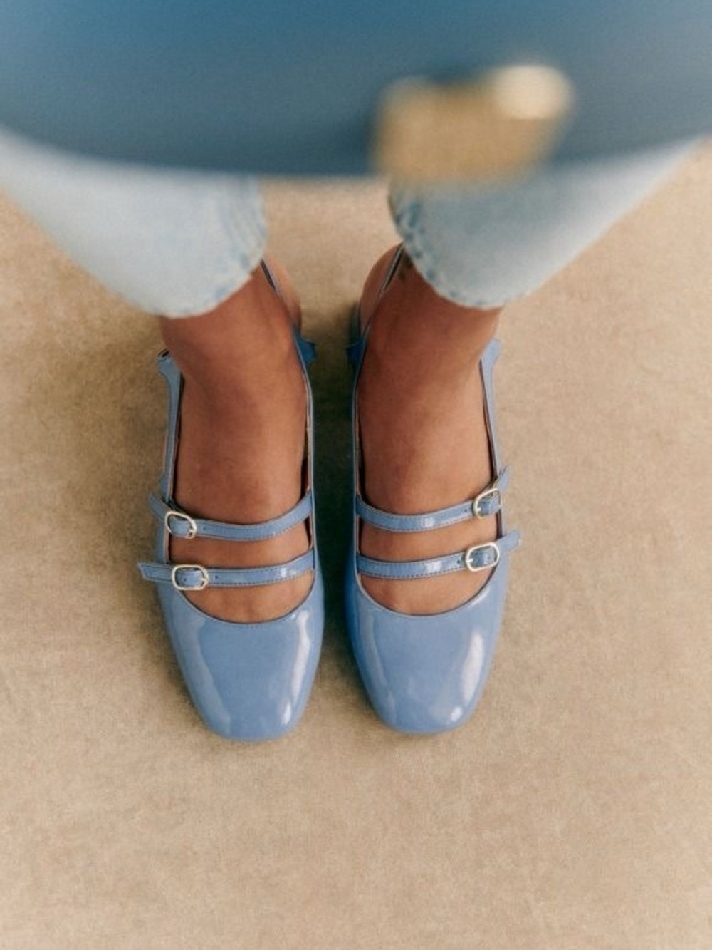 Sezane Double-Strap Patent Mary Jane Flats in Sky Blue